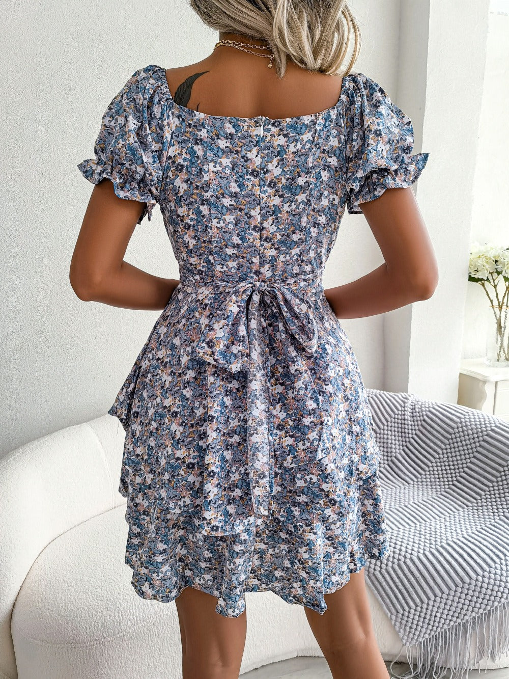 Womens Floral Puff Sleeve Mini Dress