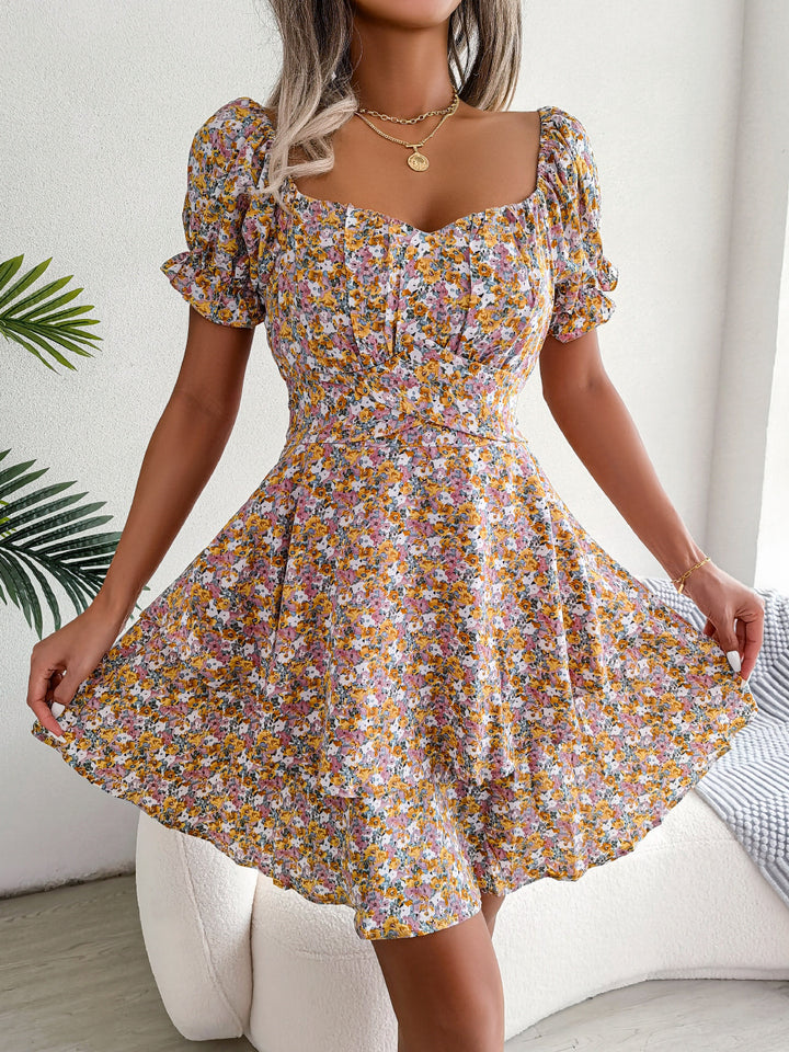Womens Floral Puff Sleeve Mini Dress