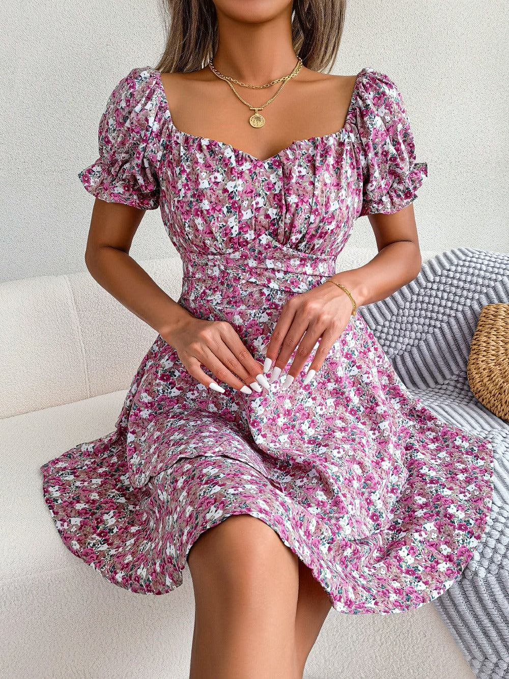 Womens Floral Puff Sleeve Mini Dress