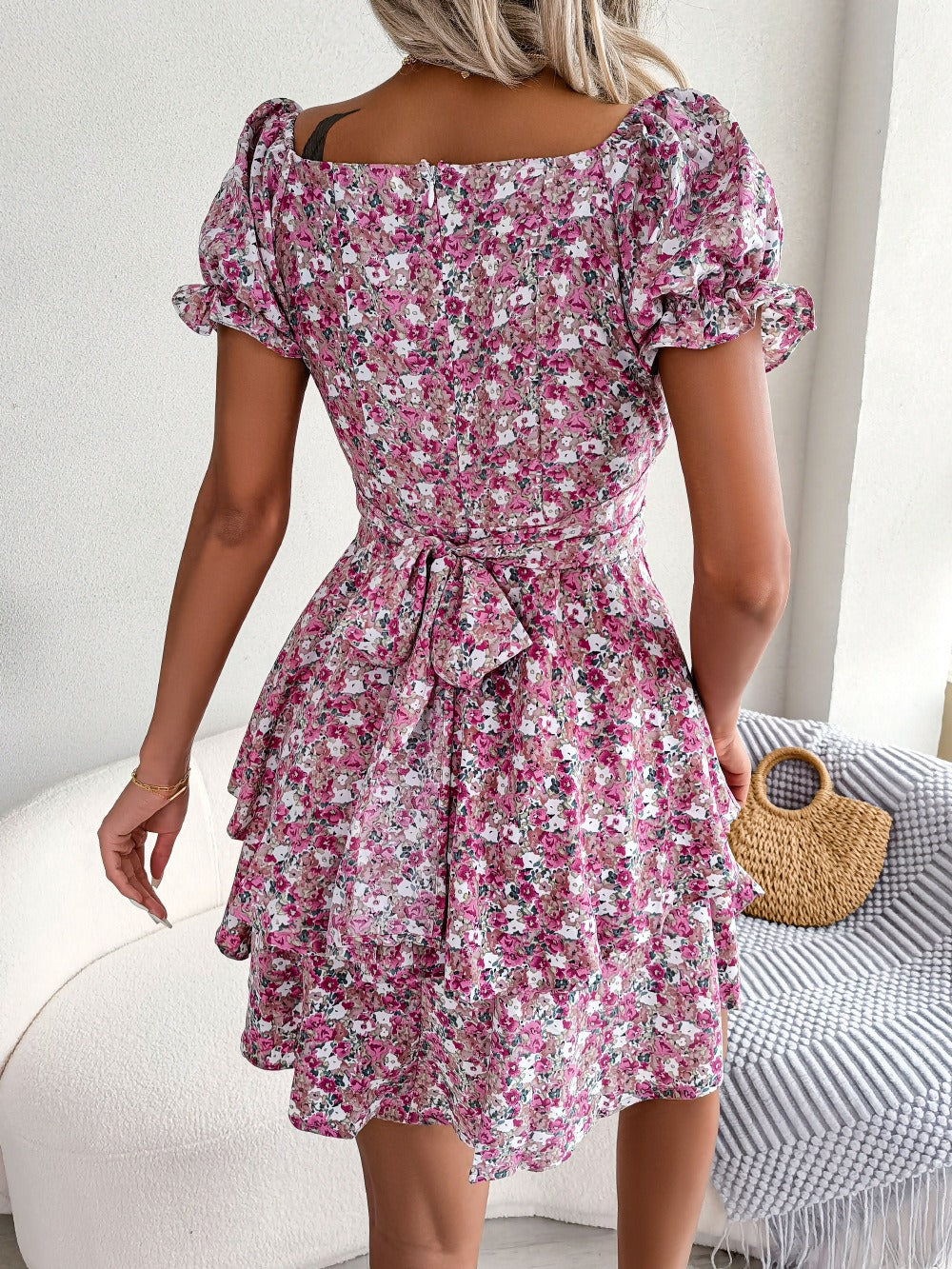 Womens Floral Puff Sleeve Mini Dress