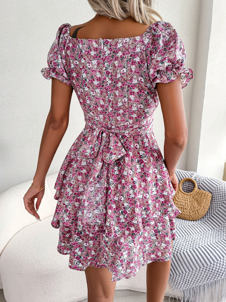 Womens Floral Puff Sleeve Mini Dress