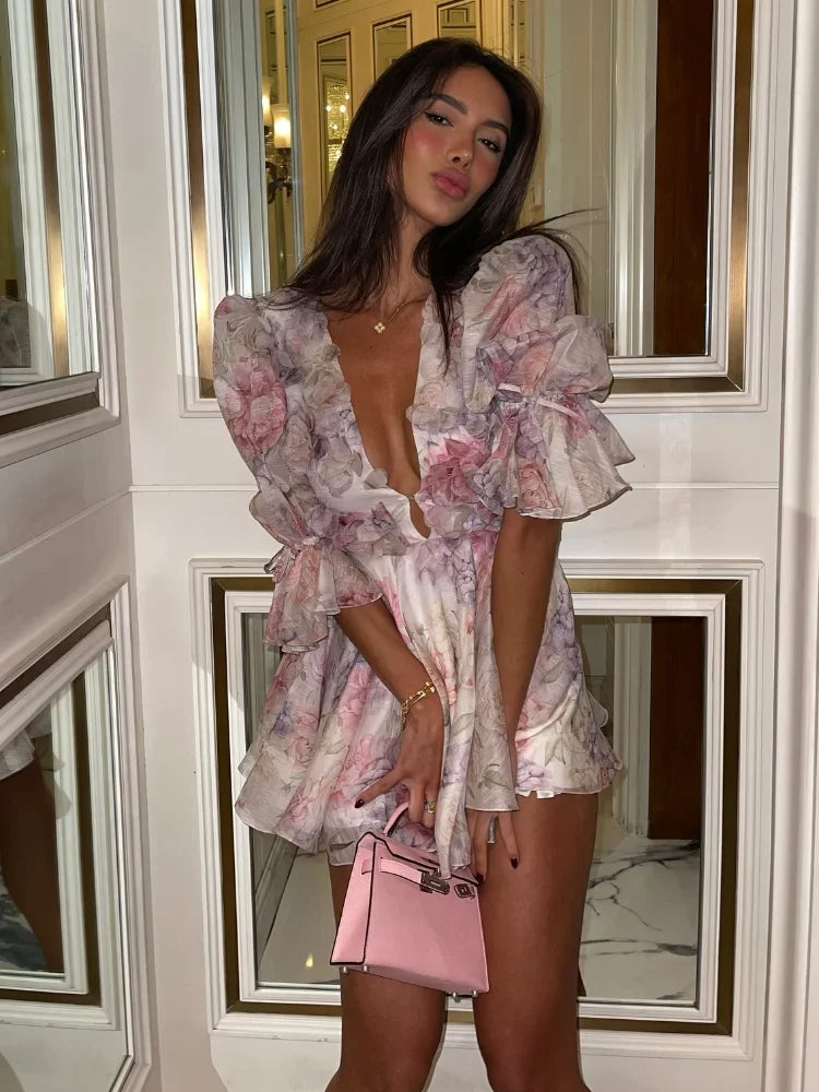 Womens Floral Ruffle Mini Dress