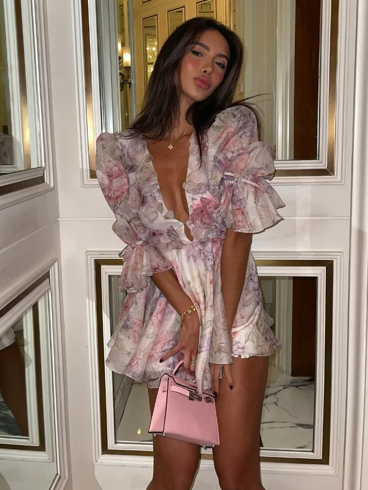 Womens Floral Ruffle Mini Dress