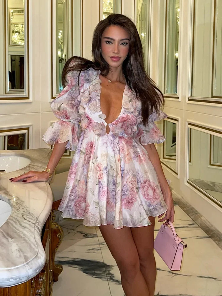 Womens Floral Ruffle Mini Dress