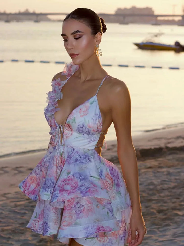 Womens Floral Ruffle Mini Dress