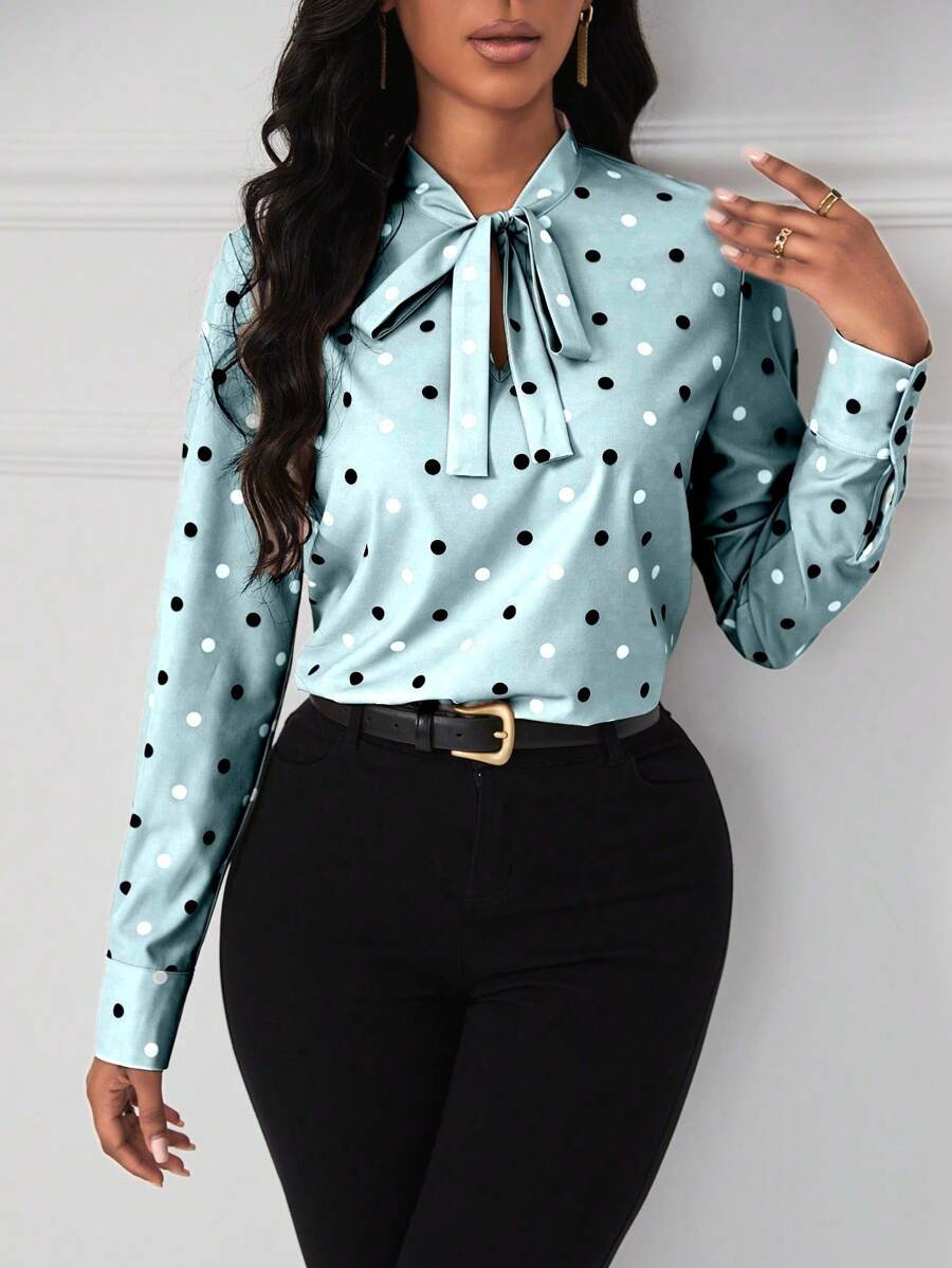 Ladies Polka Dot Tie Neck Blouse