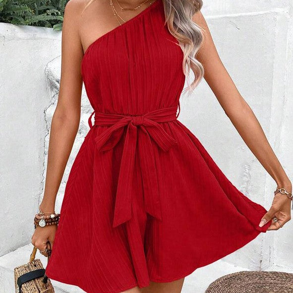 Womens One-Shoulder Tie Waist Mini Dress