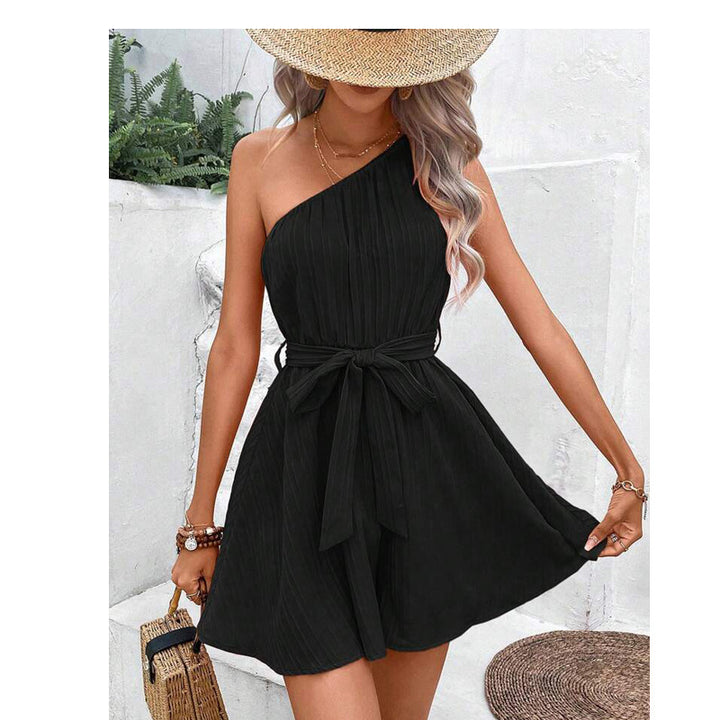 Womens One-Shoulder Tie Waist Mini Dress