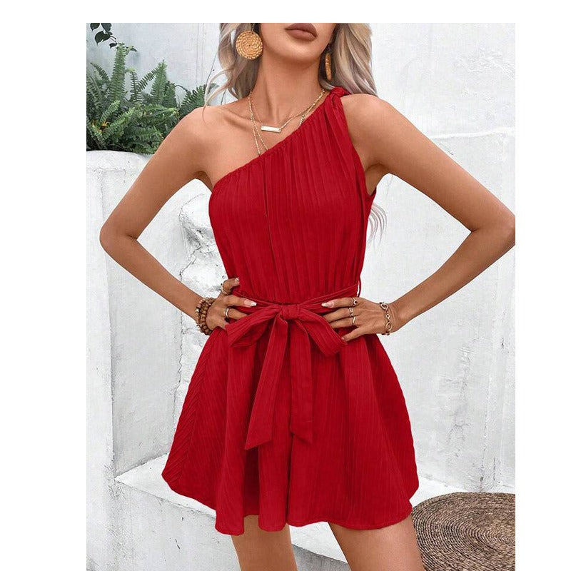 Women's One-Shoulder Tie Waist Mini Dress