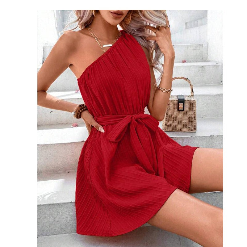 Women's One-Shoulder Tie Waist Mini Dress