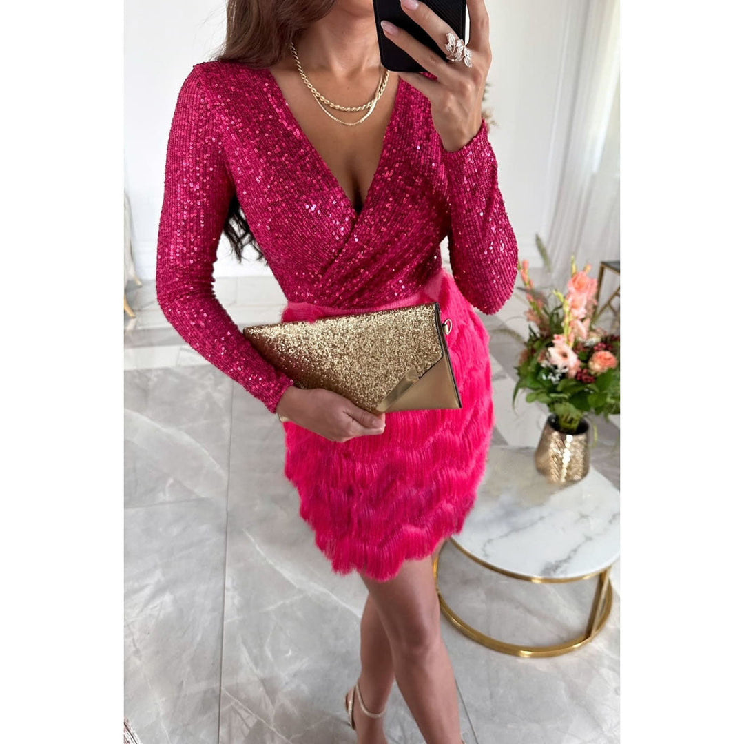  Womens Sequin & Fringe Mini Dress