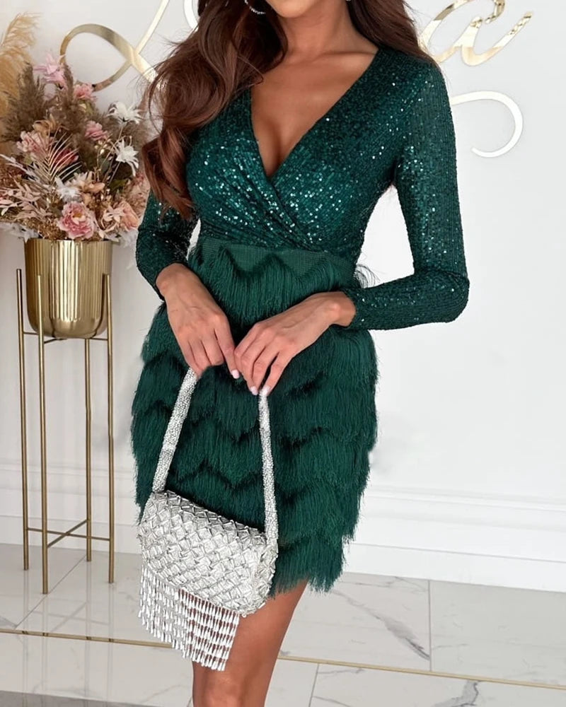  Womens Sequin & Fringe Mini Dress