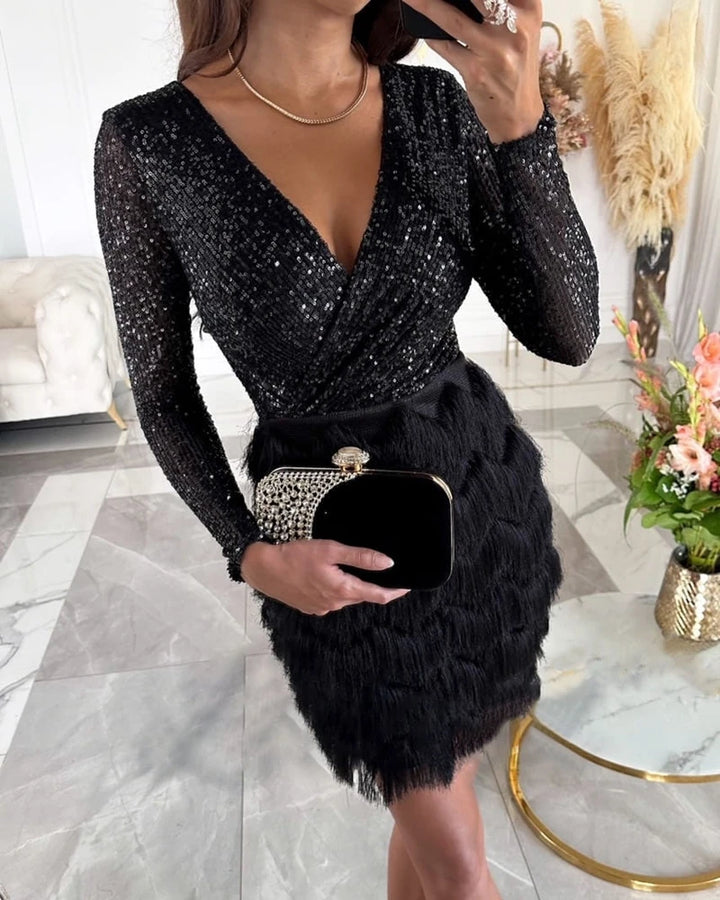  Womens Sequin & Fringe Mini Dress