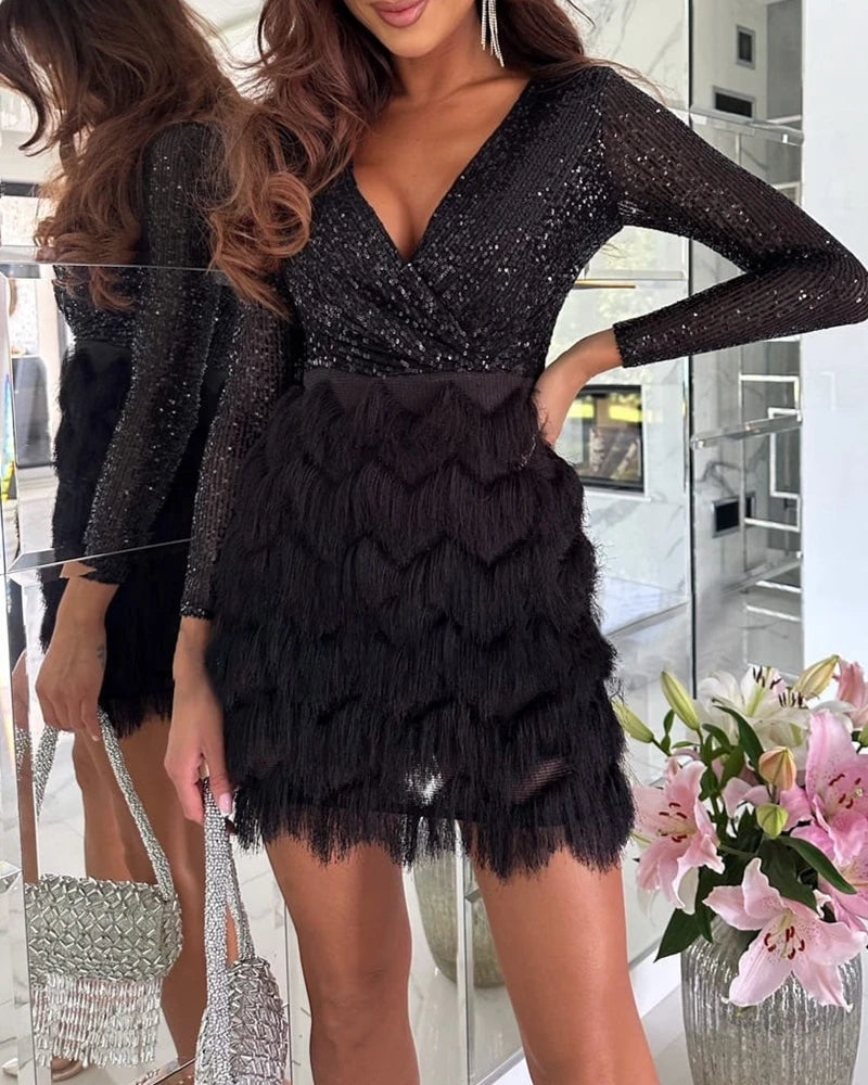  Womens Sequin & Fringe Mini Dress