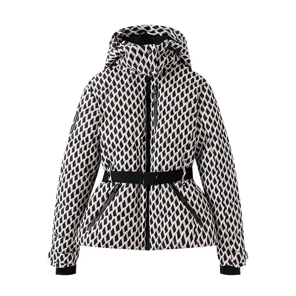 Black and white patterned jacket with a belt on a white background