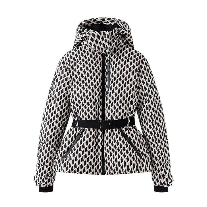 Black and white patterned jacket with a belt on a white background