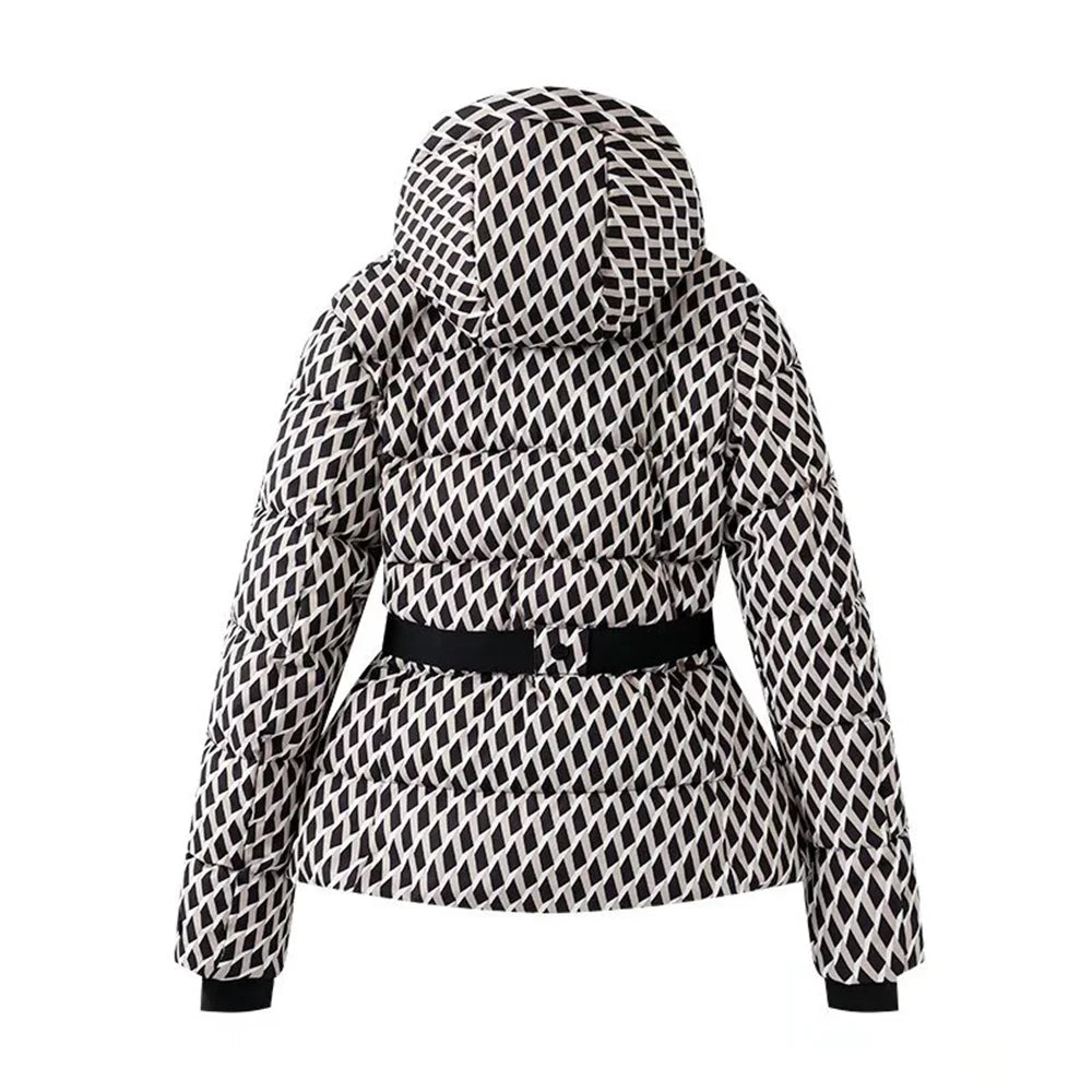 Black and white patterned jacket with a hood on a white background
