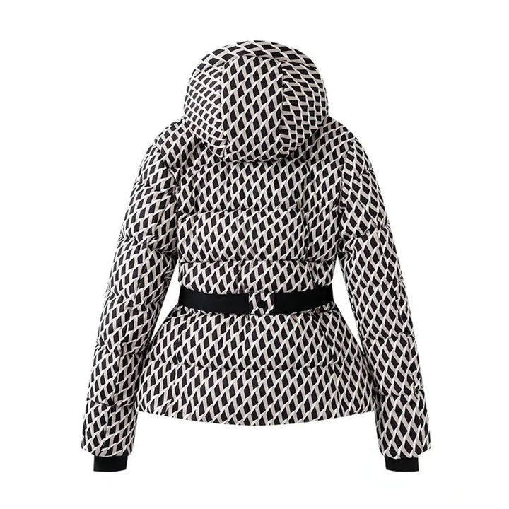 Black and white patterned jacket with a hood on a white background