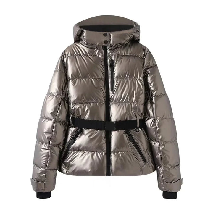 Metallic silver puffer jacket with a black belt on a white background