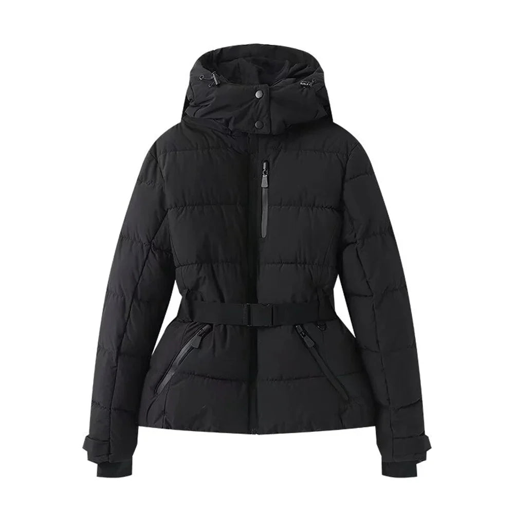 Black puffer jacket with a hood on a white background