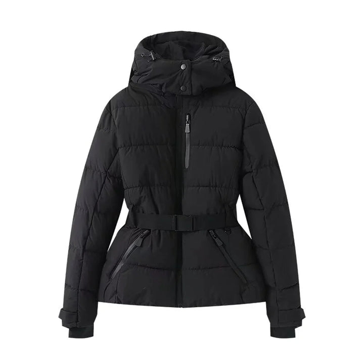 Black puffer jacket with a hood on a white background