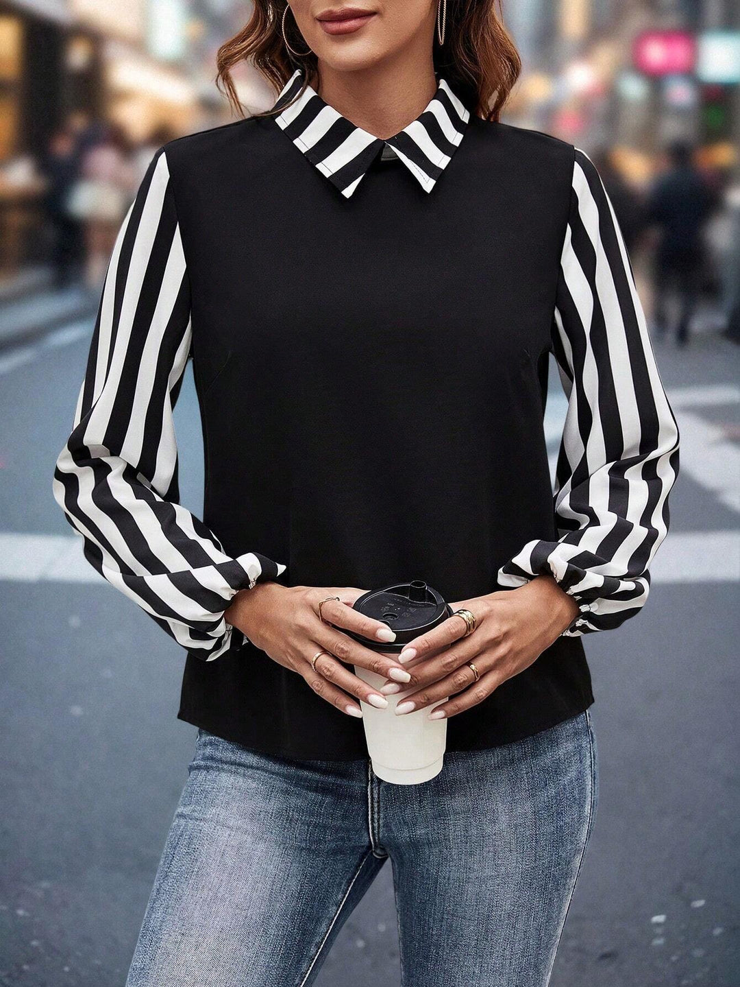 Women's Striped Sleeve Colorblock Shirt