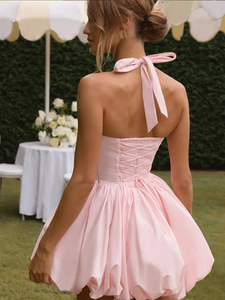 Womens Summer High Waist Pleated Mini Dress