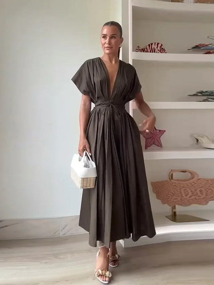 Womens Summer Pleated A-Line Midi Dress
