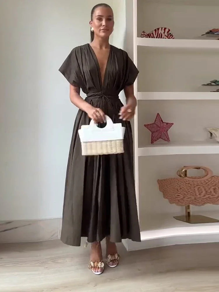 Womens Summer Pleated A-Line Midi Dress