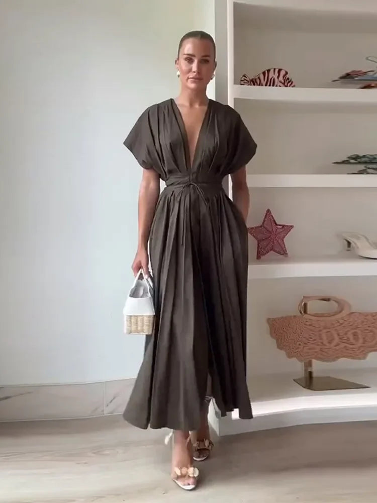 Womens Summer Pleated A-Line Midi Dress