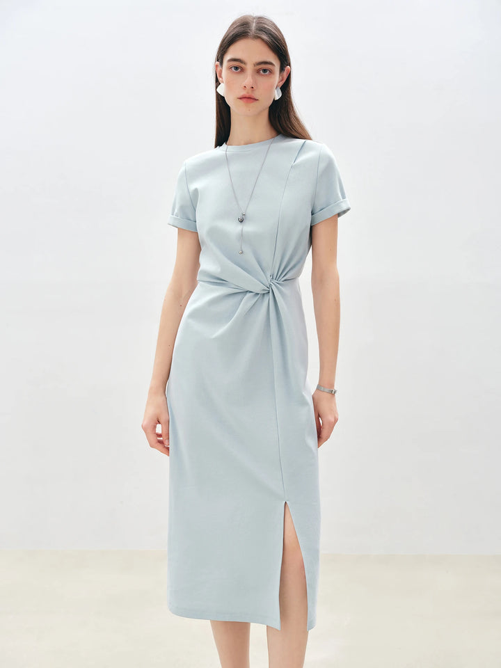 Womens Summer Solid O-Neck T-Shirt Midi Dress