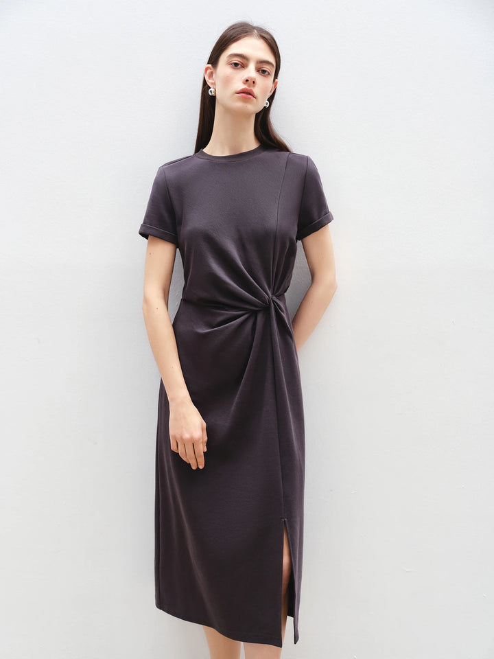 Womens Summer Solid O-Neck T-Shirt Midi Dress