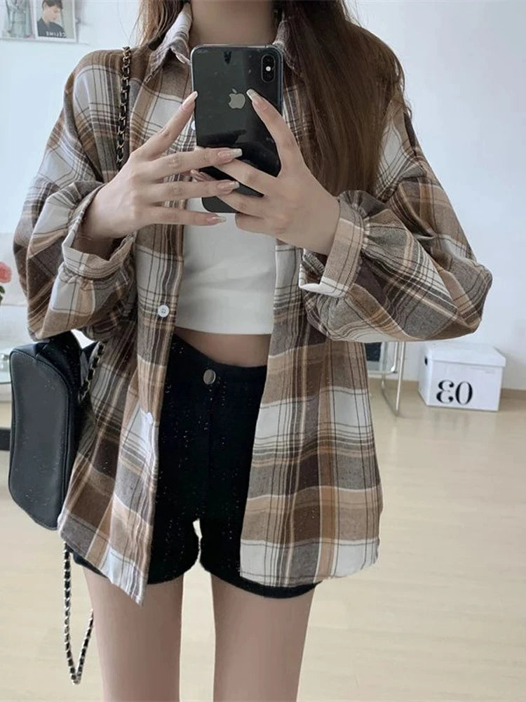  Women's Purple Plaid Puff Sleeve Shirt