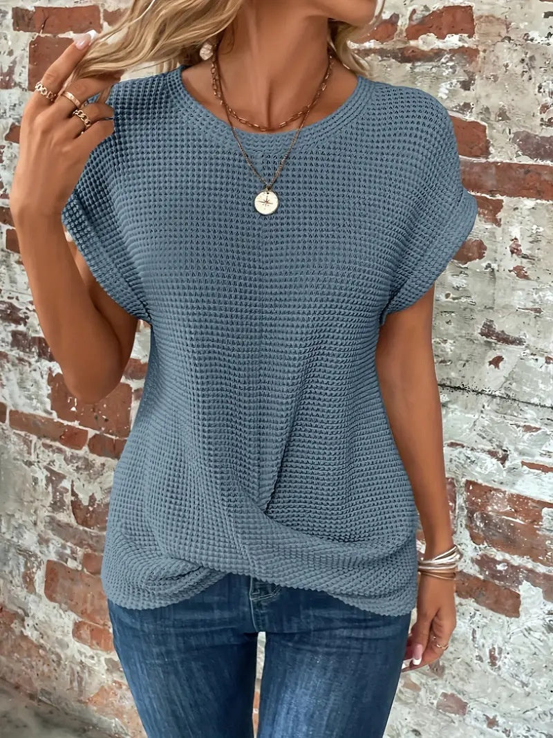 Womens Waffle Knit Twist Front Top