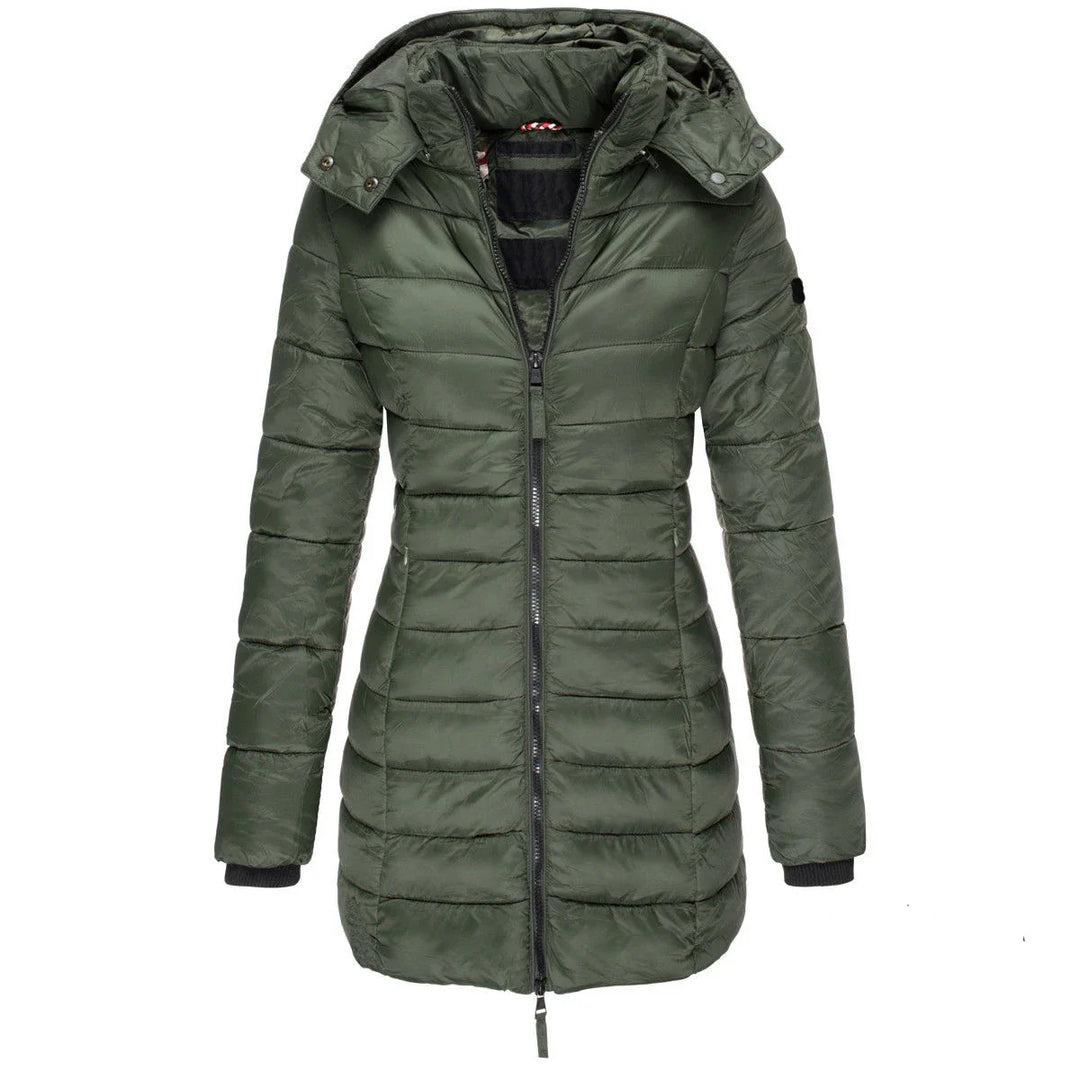 Green puffer jacket with a hood on a white background