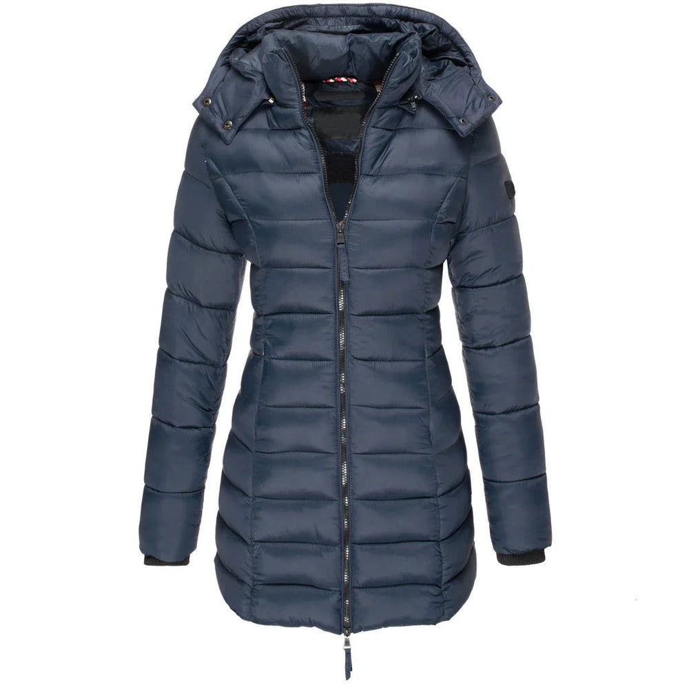 Blue puffer jacket with a hood on a white background