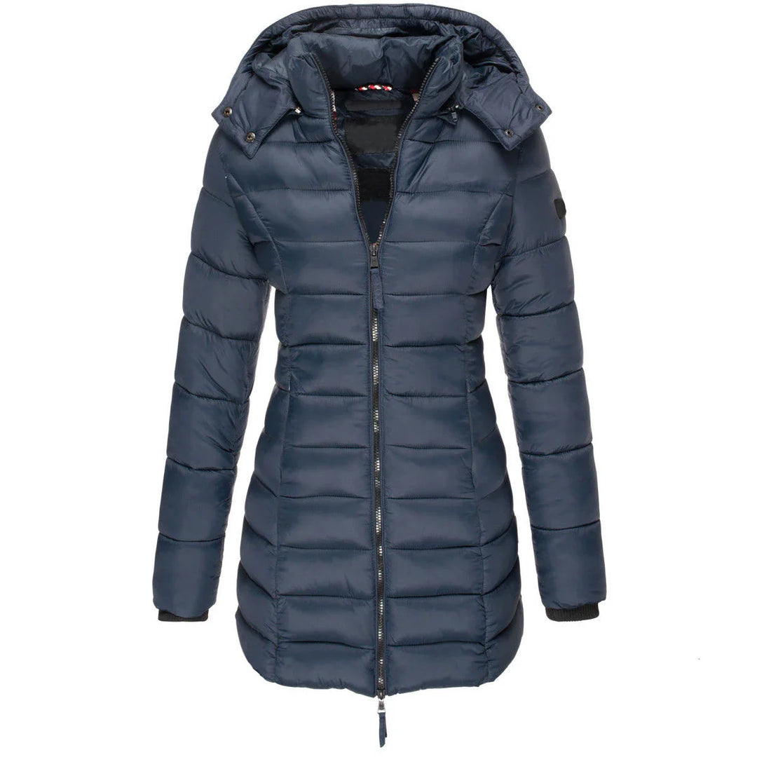 Blue puffer jacket with a hood on a white background
