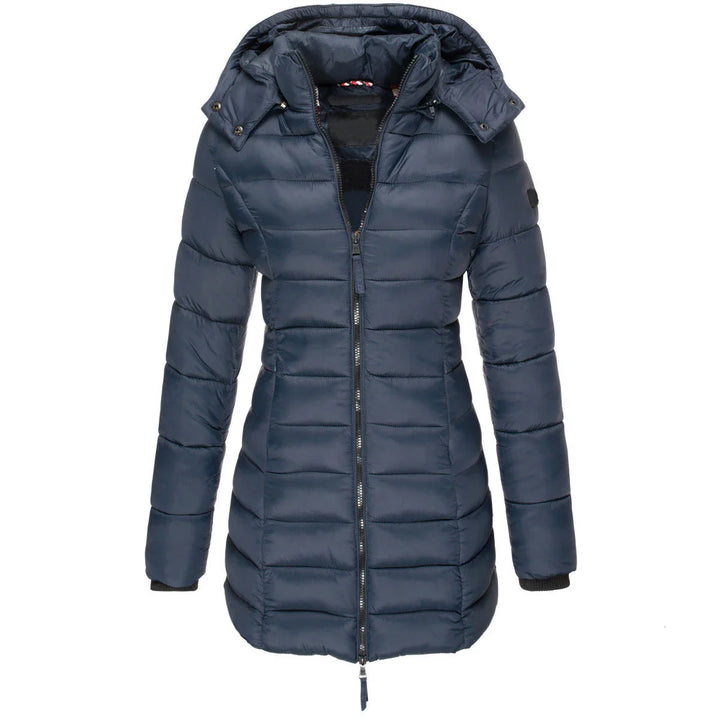 Blue puffer jacket with a hood on a white background