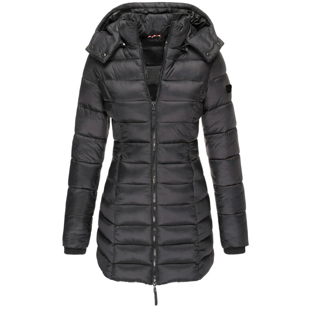 Black puffer coat with a hood on a white background