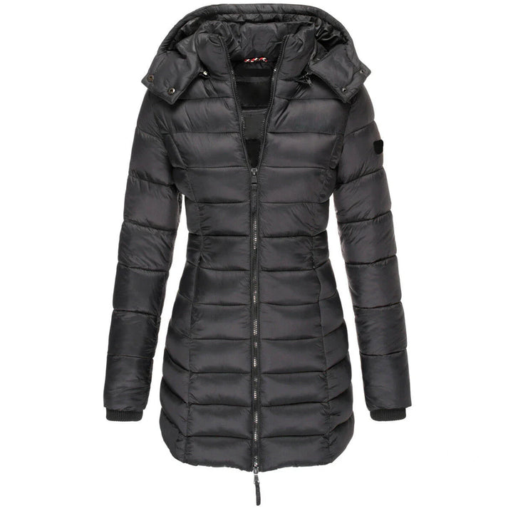 Black puffer coat with a hood on a white background