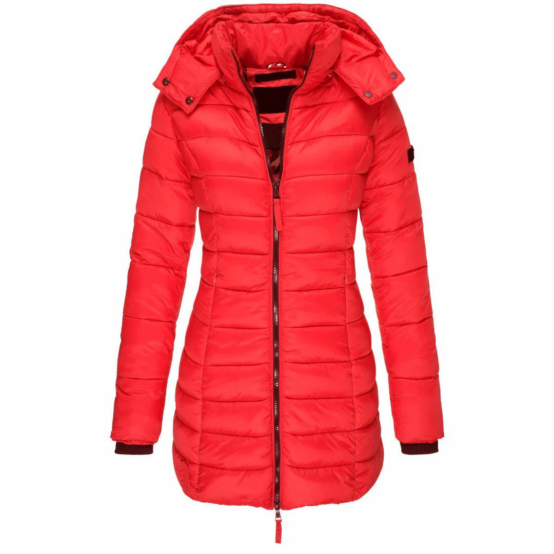 Red puffer jacket on a white background