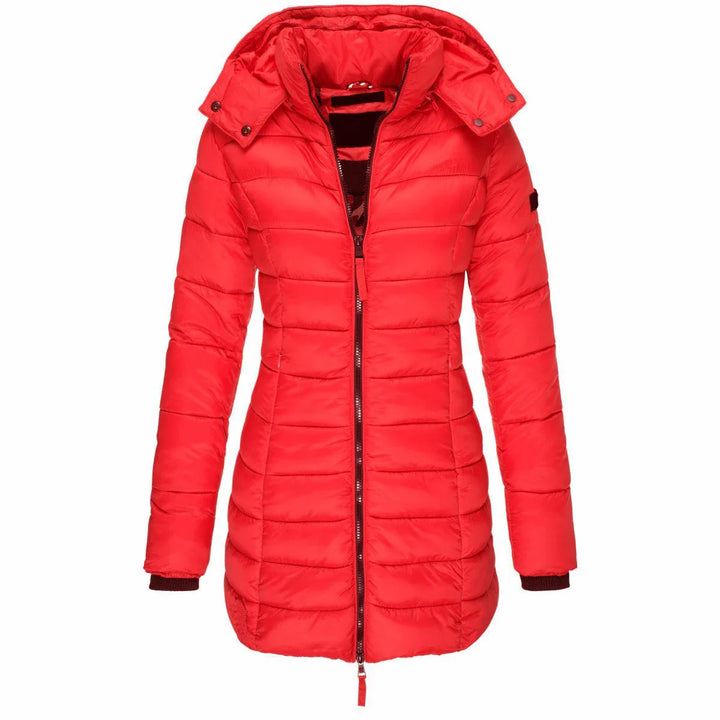 Red puffer jacket on a white background