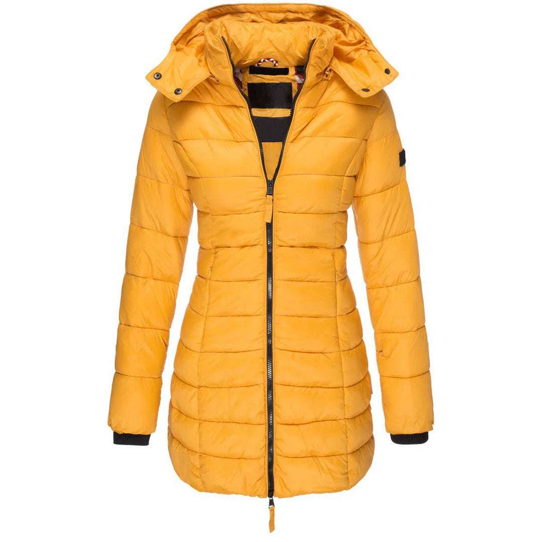 Yellow puffer jacket on a white background