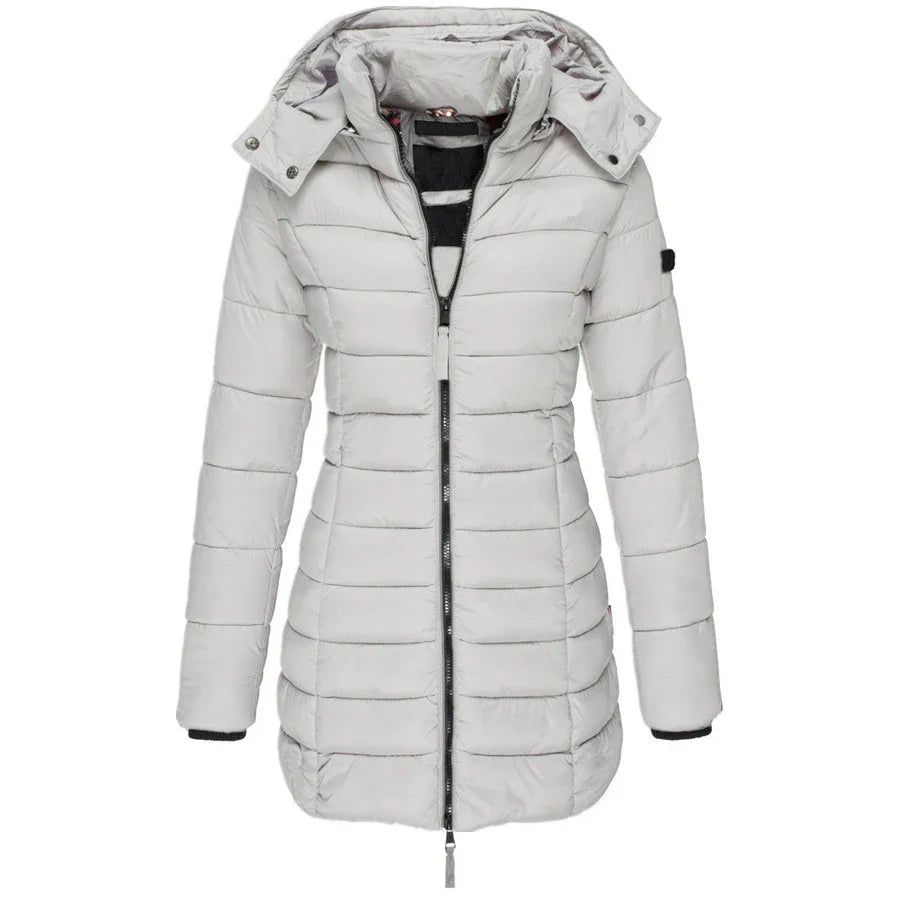 Gray quilted jacket with a hood on a white background