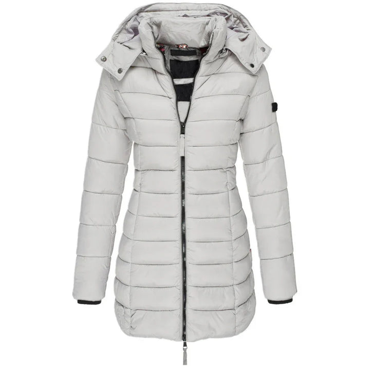 Gray quilted jacket with a hood on a white background