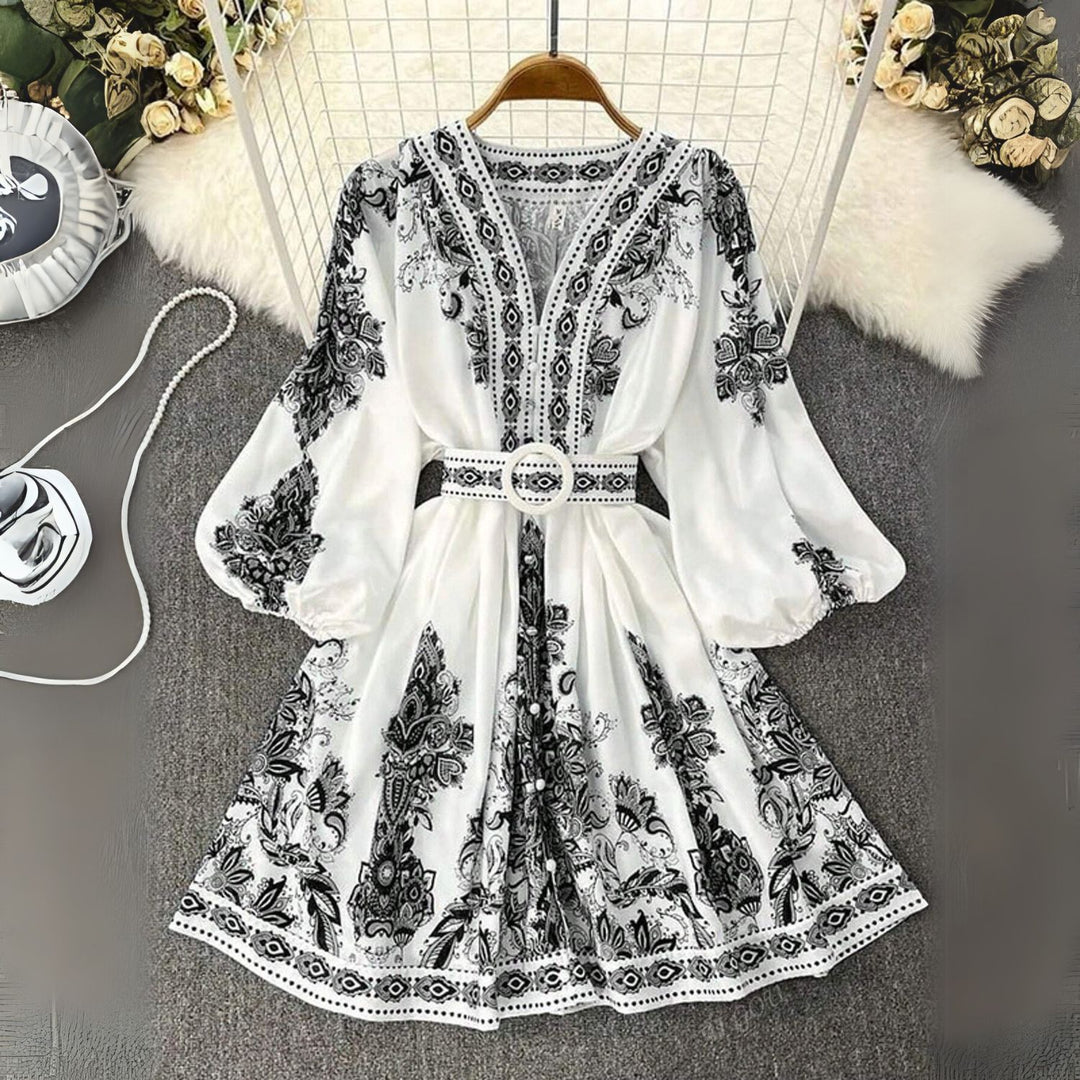 Boho Print Belted V-Neck Dress