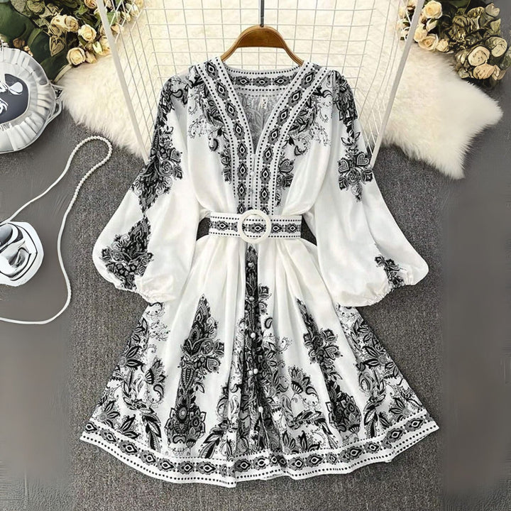 Boho Print Belted V-Neck Dress