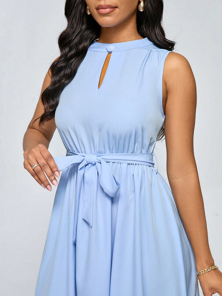 Women's Keyhole Neck Belted Midi Dress