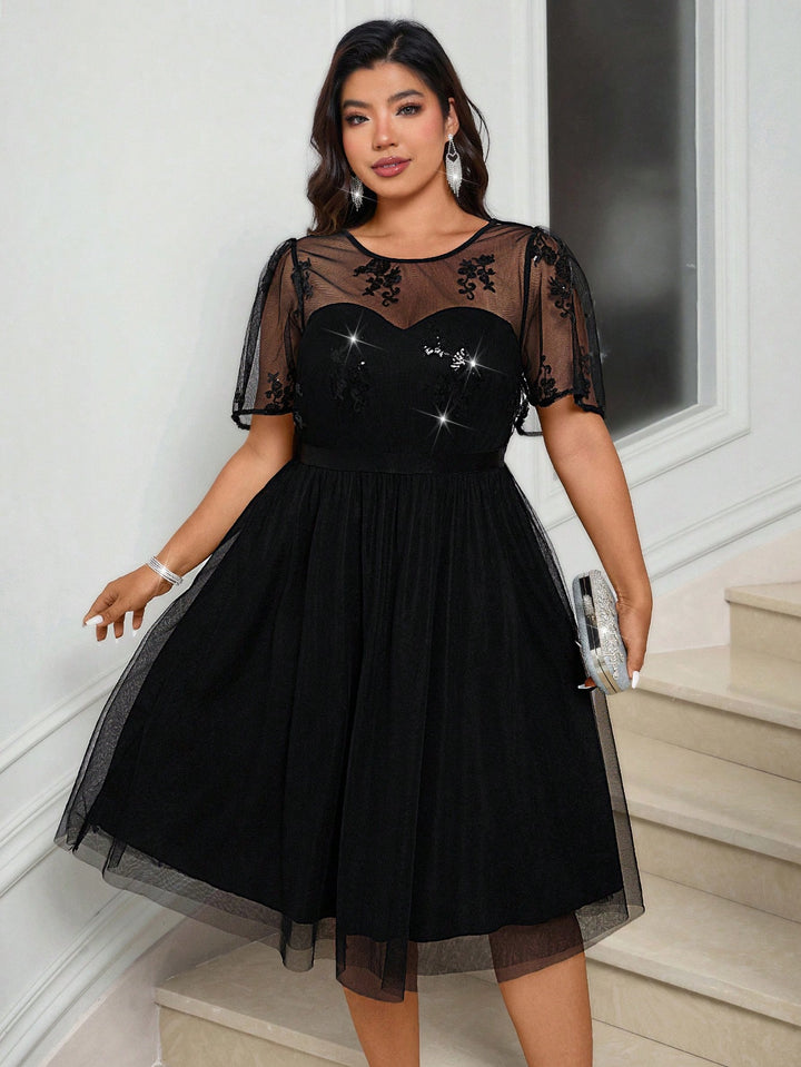 Black Mesh Sequin Embroidered Midi Dress