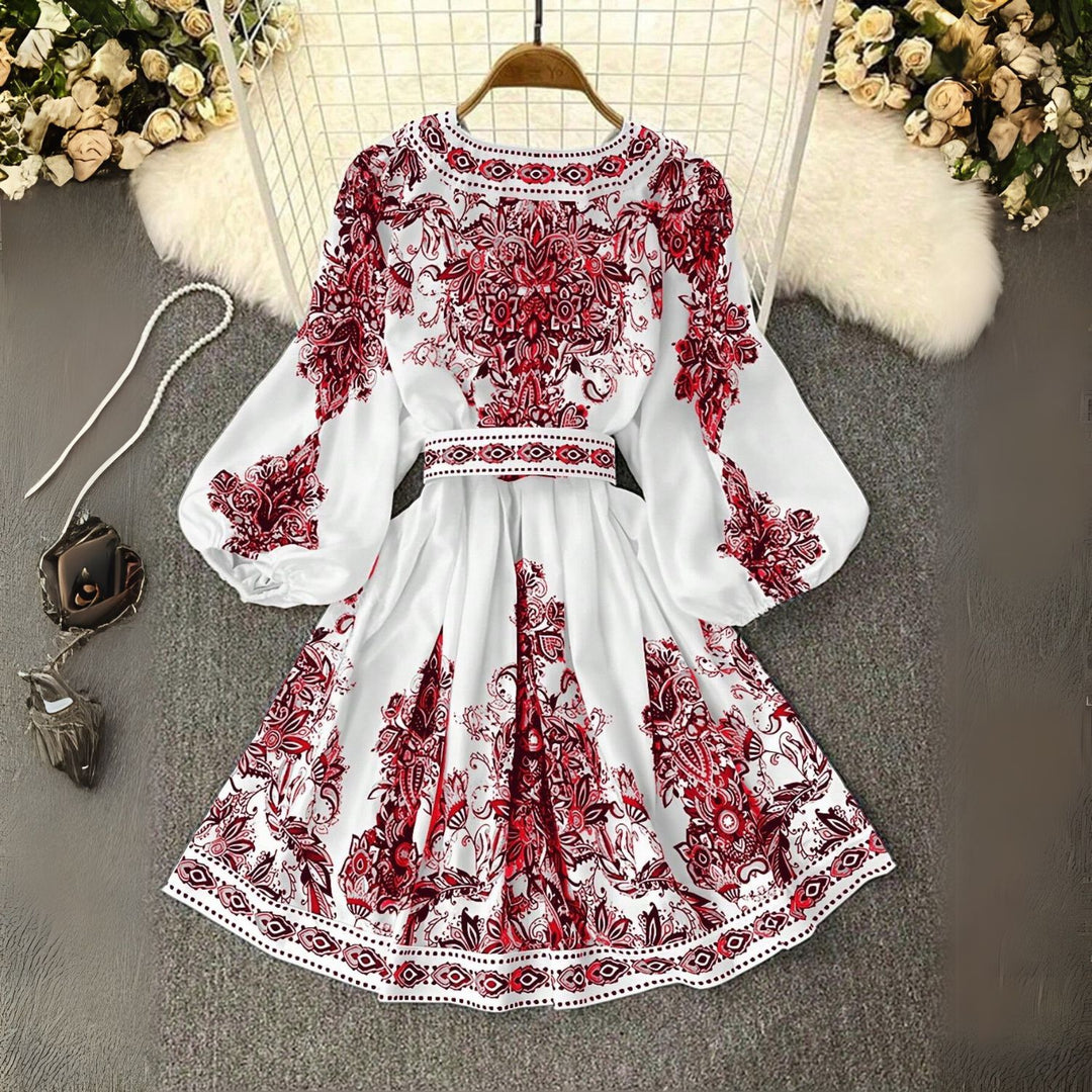 Boho Print Belted V-Neck Dress